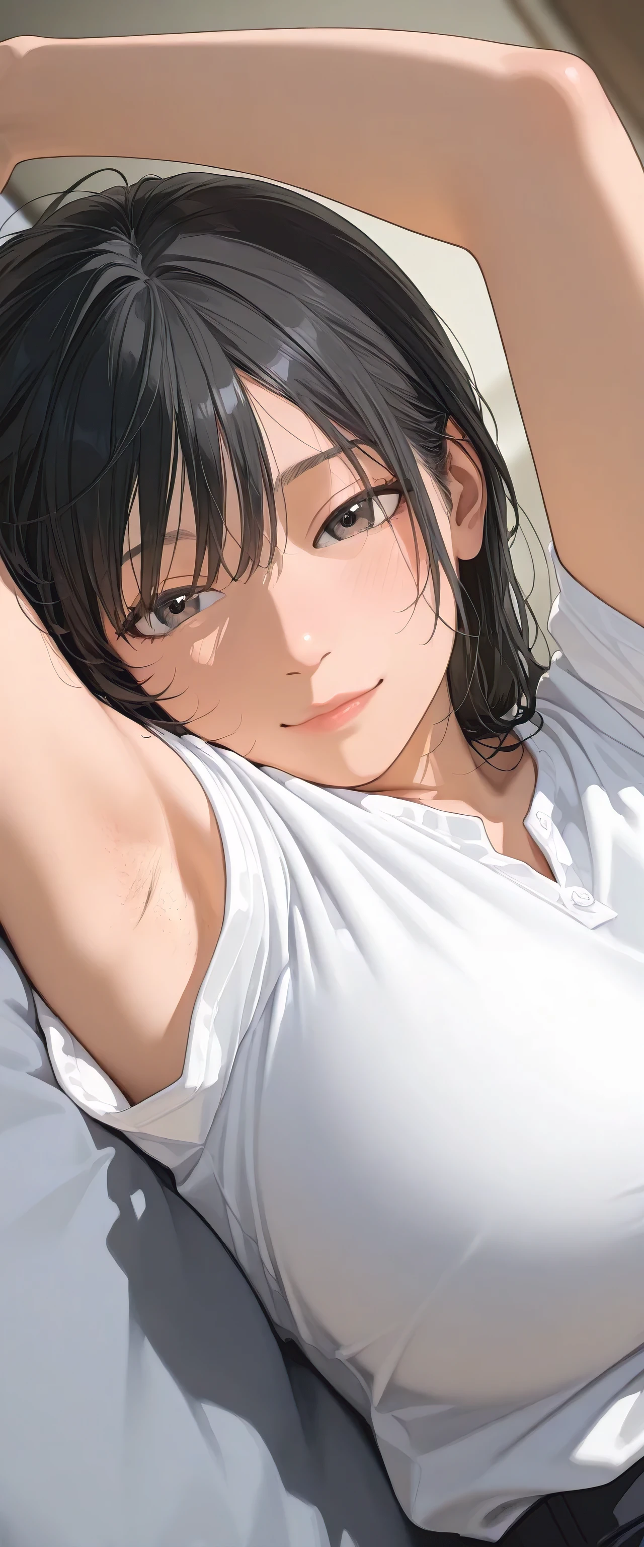 armstb,armpit stubble,Young man with long black hair, wearing a short sleeve blouse,Reclining, cold light, relaxed expression, realistic skin, subtle focus on the armpit, soft texture on the skin, seen from above, close side angle, intimate frame , faded background,big breasts,armpit with a lot of stubble of hair