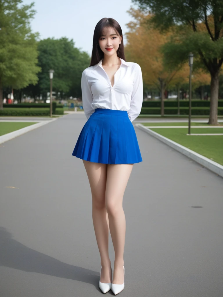 (highest quality、table top、8k、best image quality、Award-winning work)、one beautiful woman、(Elegant light blue button shirt dress:1.2)、(Pull up your dress to show your panties:1.3)、(Pull up your dress and show your panties:1.3)、(alone:1.1)、very long hair、(white panties:1.1)、perfect beautiful composition、(Huge breasts that are about to burst:1.1)、(emphasize body line:1.1)、(slender body:1.1)、(Full body photo from head to foot:1.6)、(Full body photo:1.6)、(slender and long beautiful legs:1.2)、(perfect style:1.1)、(8th class beauty:1.2)、perfect body line、(smile looking at me:1.1)、(Strongly blurred refreshing park background:1.1)、A perfectly organized and elegant park、A perfect and well-organized park、stand gracefully、natural makeup、Ultra high definition beauty face、ultra high definition hair、Super high-definition sparkling eyes、(Super high resolution bright and shiny skin:1.2)、Super high resolution glossy lips、(Accurate anatomy with great attention to detail:1.1)、(very bright and vivid:1.3)