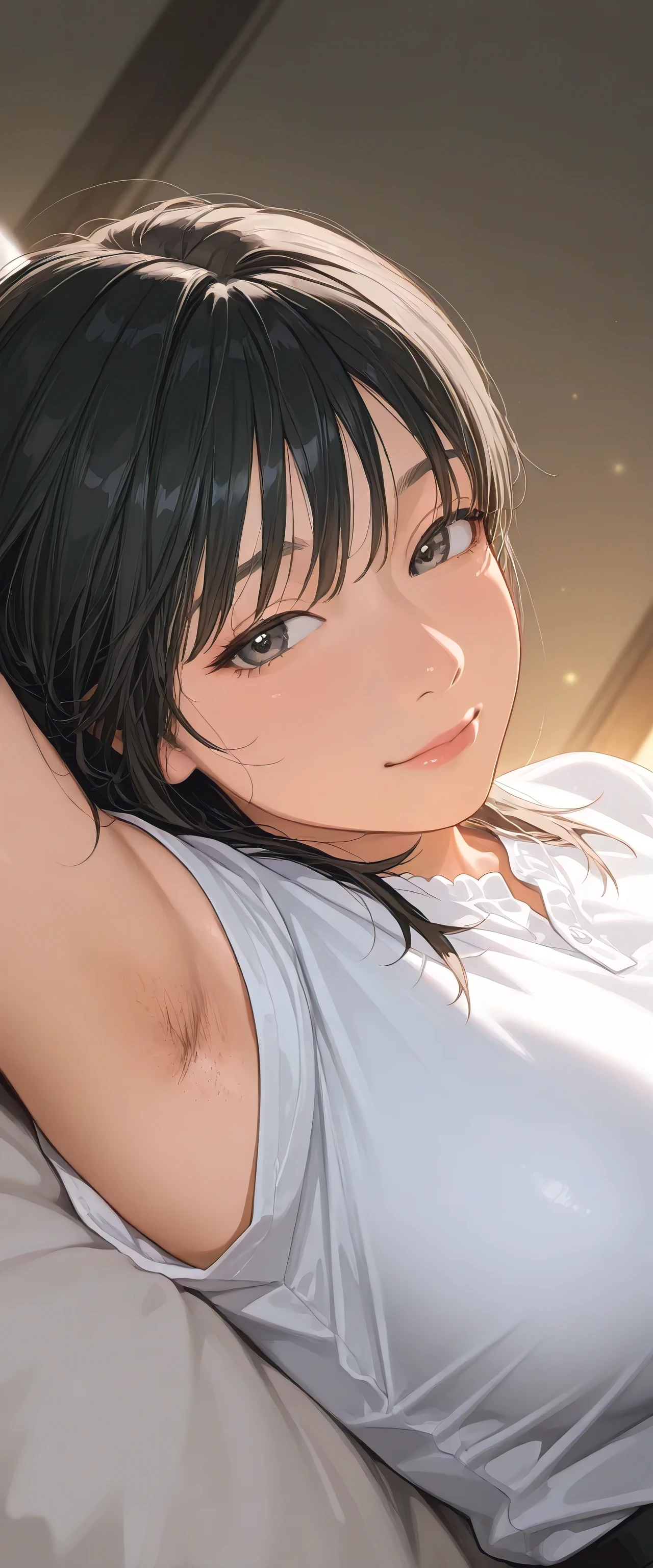 armstb,armpit stubble,Young man with long black hair, wearing a short sleeve blouse,Reclining, cold light, relaxed expression, realistic skin, subtle focus on the armpit, soft texture on the skin, seen from above, close side angle, intimate frame , faded background,big breasts,armpit with a lot of stubble of hair