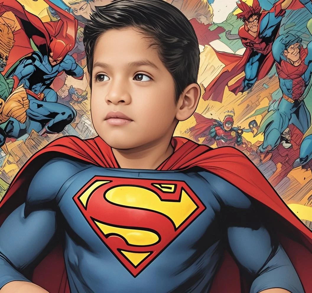 Boy flying in the sky, about 13 years old, black hair, long blue t-shirt, red pants, red cape, style 3D image, --auto --s2