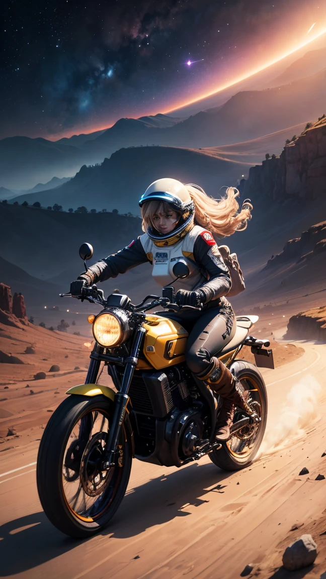((Best Quality)), Gigantic Boobs, Rider suit with zippered material is insulating, Beautiful valleys, Brown skin, ((Motorcycle with machine gun)), desert, Shooting, Yellow Shorthair, ((1girl))