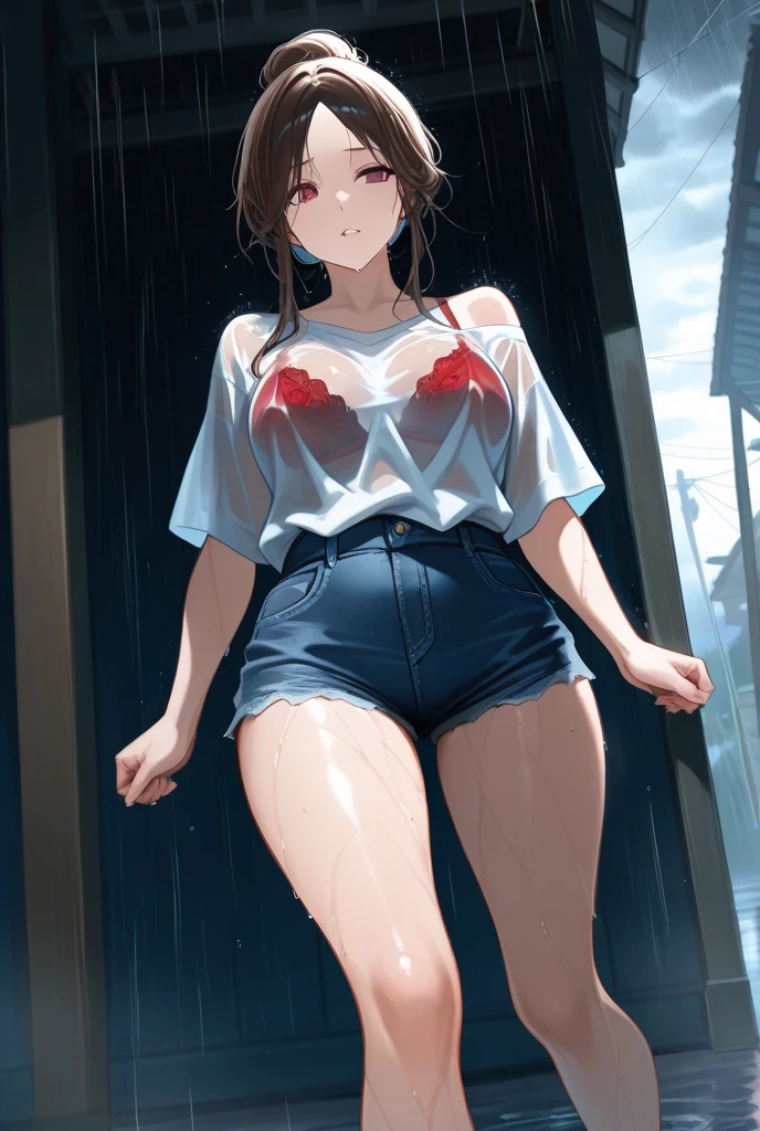 ((masterpiece,Highest quality;1.3,best illustration)),cowboy shot,1woman、25 year old beauty、独奏,((very small head:1.5)),dark brown hair,long hair,bangs,brown eyes,gorgeous eyes,blush,small breasts,((very long body:1.3)),((toned body,slender body,skinny)),gleaming skin,shiny skin,oily skin,(Soaked in the rain、Black zip-up hoodie outer jacket、White tight T-shirt、denim micro shorts)、Carrying a black backpack、heavy rain、garden、at night,Tokyo,nsfw,