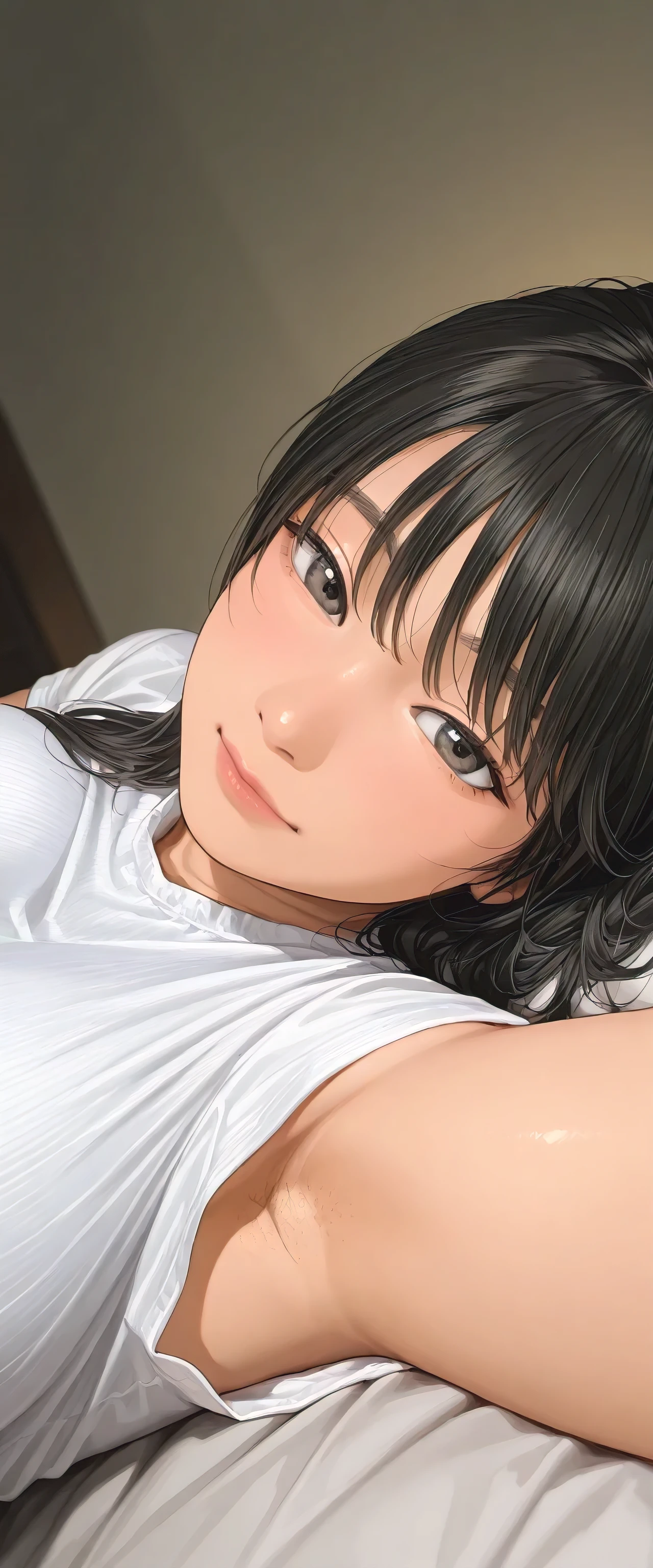 armstb,armpit stubble,Young man with long black hair, wearing a short sleeve blouse,Reclining, cold light, relaxed expression, realistic skin, subtle focus on the armpit, soft texture on the skin, seen from above, close side angle, intimate frame , faded background,big breasts,armpit with a lot of stubble of hair