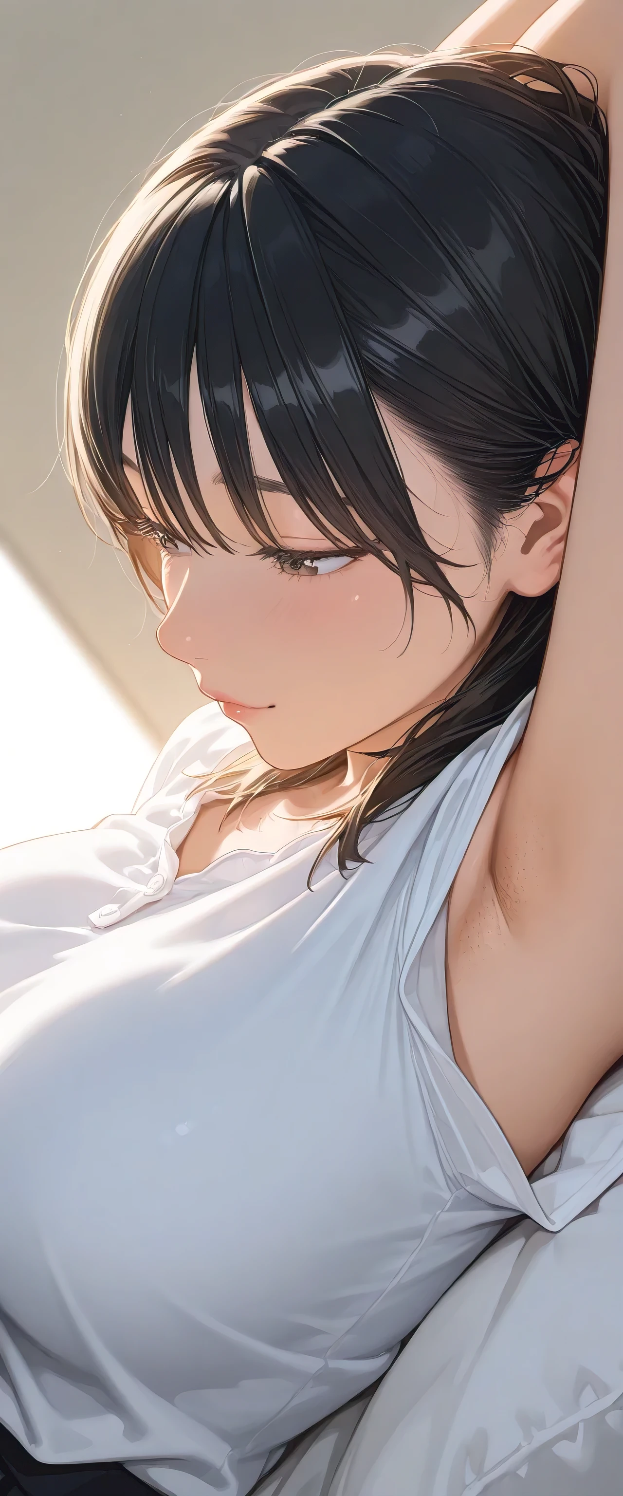 armstb,armpit stubble,Young man with long black hair, wearing a short sleeve blouse,Reclining, cold light, relaxed expression, realistic skin, subtle focus on the armpit, soft texture on the skin, seen from above, close side angle, intimate frame , faded background,big breasts,armpit with a lot of stubble of hair