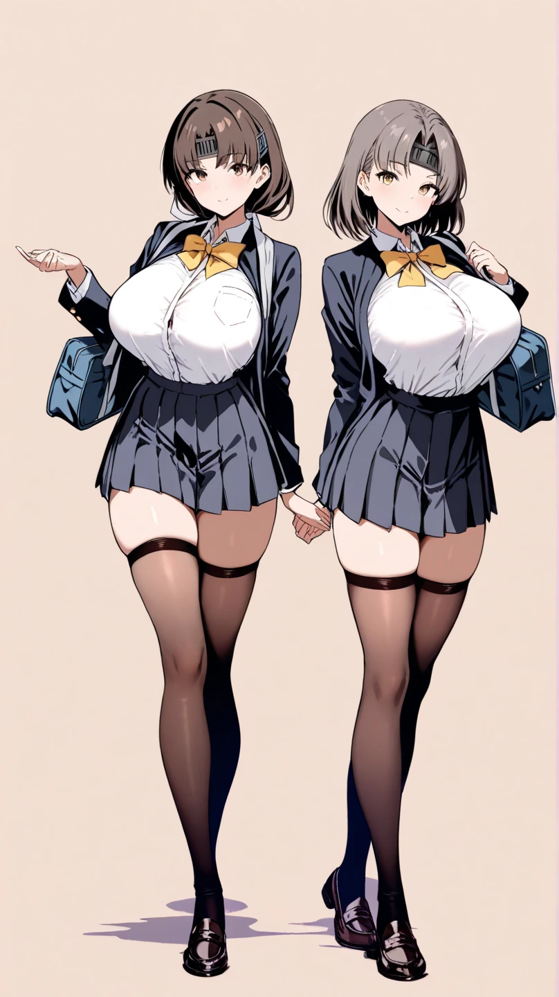 (2adult woman),yuri,1adult woman is (brown hair:1.2),wave long hair,glamorous,voluptuous,curvy,(BREAK),1adult woman is (black hair:1.2),braid ponytail hair,(with sparkling eyes:1.2),glamorous,voluptuous,curvy,(evil smiling:1.3),chumminess,school uniform,(clothed:1.5),(frilled bra:1.1),(cleavage cutout),(side-tie panties:1.1),(mini skirt),gal,gal fashion,see through,