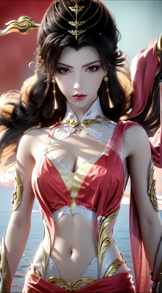 "1 beautiful girl wearing a traditional costume, a long thin pale pink dress made of meticulously made silk, deep slit shirt, historical style costumes, sexy ancient style, jet black curly hair, the most beautiful and detailed hair jewelry, beautiful little face thin eyebrows, the most beautiful and spotless face, ((black iris:0.8)), the very beautiful eyes, big round eyes, ((brown pink color eyes:1.1)), fine and detailed makeup eyelashes, high nose, wearing earrings, small red lips, rosy face, clean face, beautiful face without blemish, smooth white skin, ((big breasts:1.2)), Blums boobs, ((big and super round breasts:1.5)), ((super tight breasts:1.2)), ((breast augmentation:1.5)), beautiful breasts, slim and petite body, ((thin waist: 0.9)), frontal portrait of a beautiful girl, sexy girl, skirt, fishnet stockings color coordinated according to the outfit, pose elegantly, elegantly, and politely, 8k photo, super high quality, super realistic, 10x super pixels, photo realistic, dark studio, border light, two tone light, (detailed skin high: 1.2), 8k uhd, dslr, soft light, high quality, volumetric light, candid, Photo, high resolution, light, best photo, 4k quality, 8k, Bokeh, Smooth and sharp, pixel up 10 times, lightning, super graphics, the most realistic graphics, (((red thunder background:1.4)))1 girl, alone, solo, (((frontal portrait:1))), Extremely sharp, super realistic images, ((outside scene of falling peach blossoms:1.2))), ((angle shot tilted from bottom to 45 degrees)),"