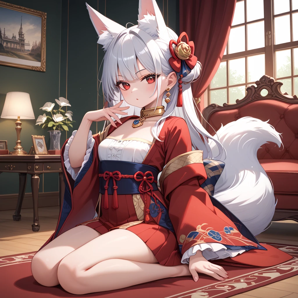 top quality, best quality, High-quality illustrations, masterpiece, 16k, 1080p, uploaded on e621)(kemono, furry, anthro, alone), round, 1 female, hot mother figure, very detailed body face and eyes, white ferret, Hanazono Chiyuki, (Sdorica), white fur, fluffy, big breasts, tail, perfect eyes, yellow eyes, white ponytail hair, beautiful japanese dress, theatre, scene, body movement, body twitching, shy smile, red blushing,