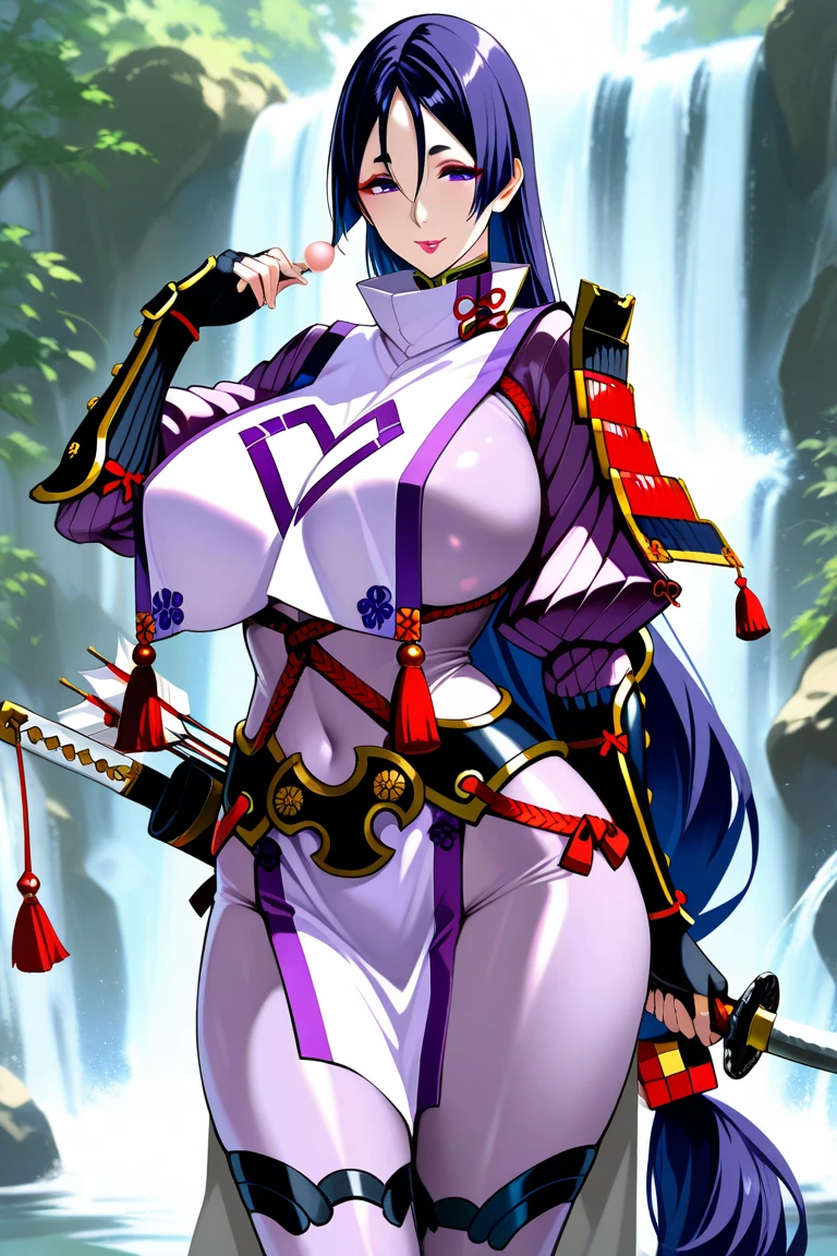 Raiden Shogun, raiden, (Breast-huge), nedium breasts, Masterpiece, Best quality, Ultra-slender hands on the hips), (angle of view:1.1), (Smile:0.9),Busty body,thick leg,lacepantyhose,Blushing face,With your mouth open,Stick out your tongue,There is a large amount of milky white viscous liquid on the body