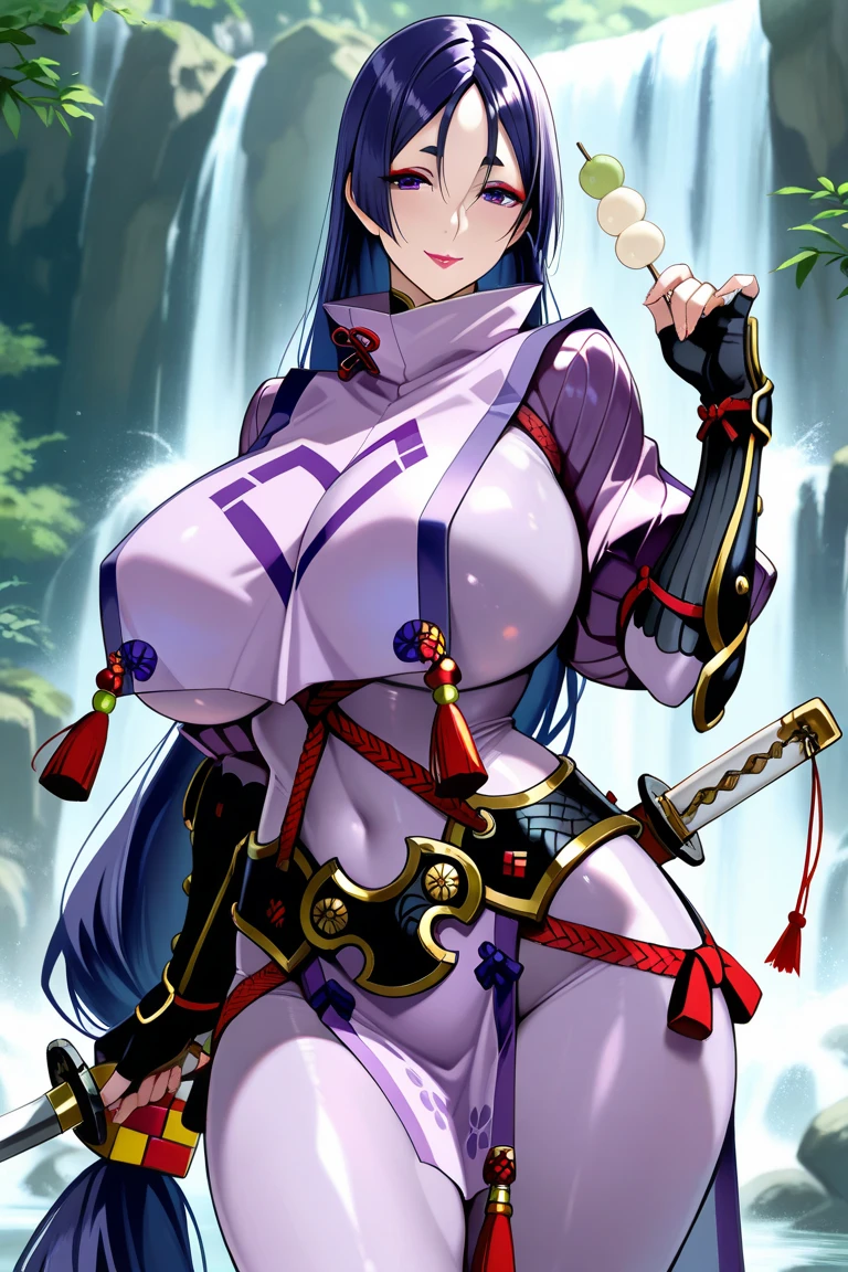 (black hair, long hair:1.3), yukinoshita yukino, curvy, ((anatomically correct:1.3)), heavy breathing, huge breasts, epic art, fantasy, breast press, night, sword, weapon, 1girl, katana, night_sky, solo, japanese_clothes, sky, breasts, large_breasts, cleavage, wide_sleeves, sheath, earrings, star_(sky), over_shoulder, looking_at_viewer, detached_sleeves, moonlight, outdoors , (shaded face:1.2), hollow eyes, grey eyes, looking at viewer, (heavy breathing:1.2), smirk, upper teeth, glaring eyes, simple background,