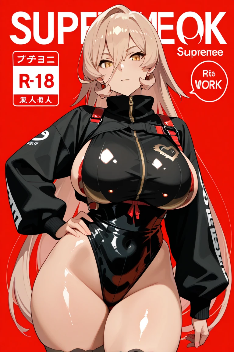 Anime illustration、highest quality、Perfect proportions、Overwhelmingly large breasts、Fatty legs、Big Ass、smile、Beautiful, shining eyes、Cowboy Shot、Military magazine cover、Heading、Stylish fonts
