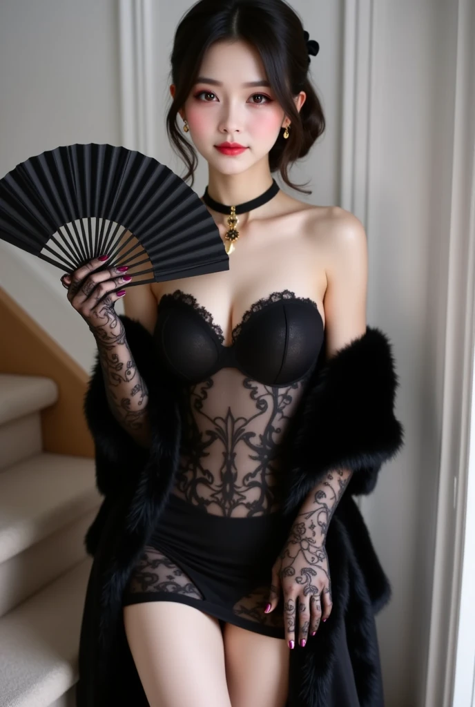 (Standing in honor:1.2,put hands hip:1.2),((from below:1.2)),(Highest quality, Very detailed, masterpiece:1.2), 1 women, Very thin body, length, Thin legs, ((Black short hair:1.2)), ((Thick and fluffy bangs)), Very detailedな顔,A faint smile, small, Thin Nose, small thin mouth, Extremely sharply focused eyes, Japanese, Beautiful Face, Realistic eyes, Beautiful and beautiful eyes, Realistic Skin, Beautiful Skin, charm, (A vivid face), Beautiful Hairstyles,((black color night-gown)),Creepy and unique hairstyles, High resolution, Vibrant color palettel, Amazing place,((Background white))