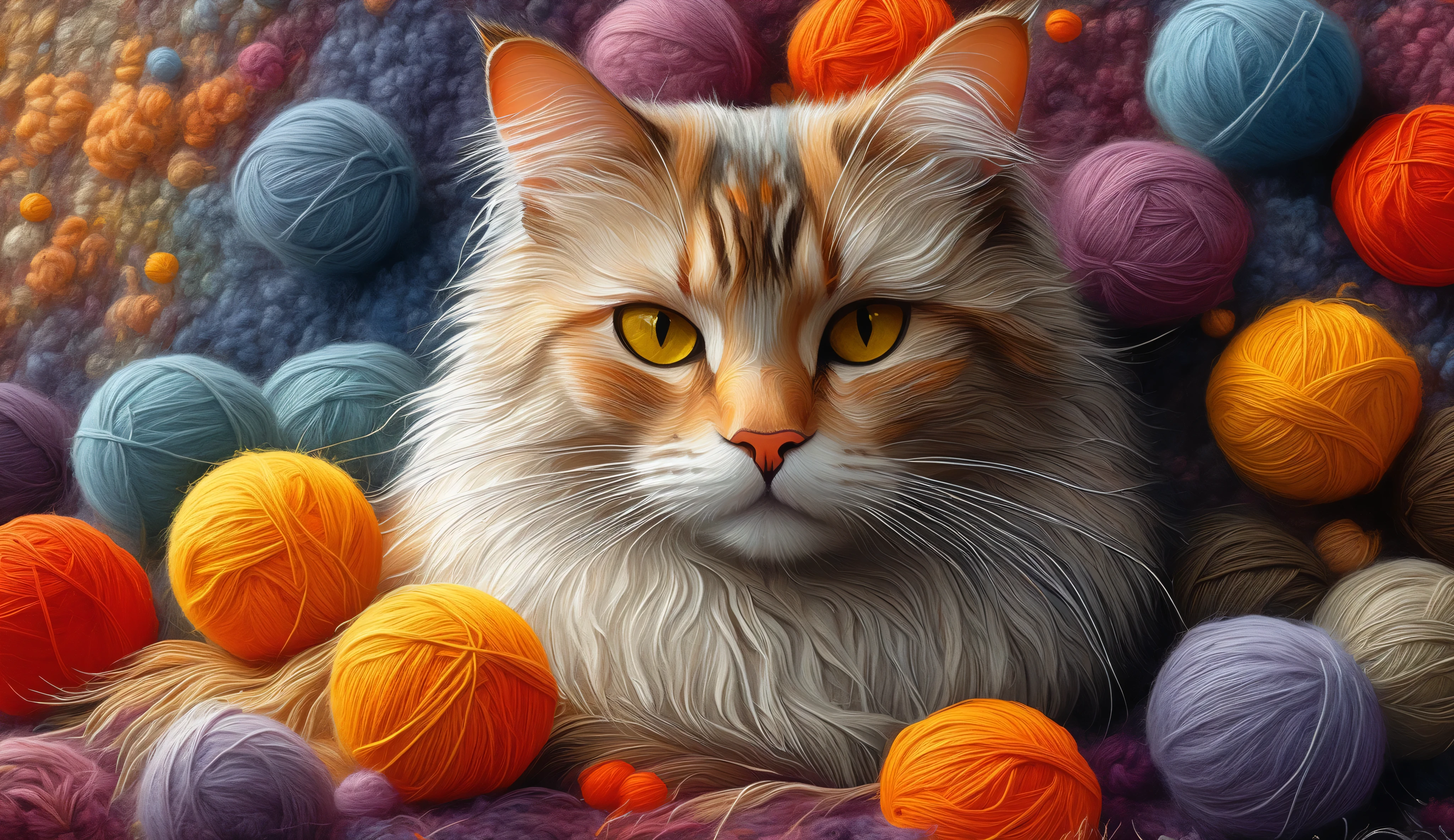 A serene and contented cat is lying on an array of vibrantly colored balls of wool, composing a visually striking scene. O gato, with your eyes closed in a peaceful sleep, has a coat soft white accented with specks of shades of gray and brown, notably around your face, is partially covered by the balls that fill the entire screen. The texture of the image presents a pictorial quality, combining realism with an artistic touch. Surrounding the feline are multi-hued balls of wool, including sunny yellow, laranja escuro, vermelho vivo, e roxo suave, delicate creating a rich tapestry of colors The cat's tranquil shape. O gato's whiskers and fur are depicted with delicate, pinceladas ousadas, highlighting the dreamlike environment. This composition encapsulates a, , and tranquil atmosphere, that probably evokes comfort and satisfaction. The overall effect is a charming and whimsical portrait of an ordinary domestic scene, elevating it to an artistic expression.