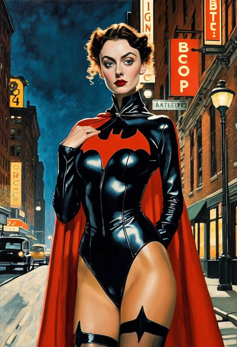 retro comic book cover, (vampirella) and (catwoman:1.12) dynamic action pose on top of building at night, london [centered-text] (detailed, high saturation), comic-art