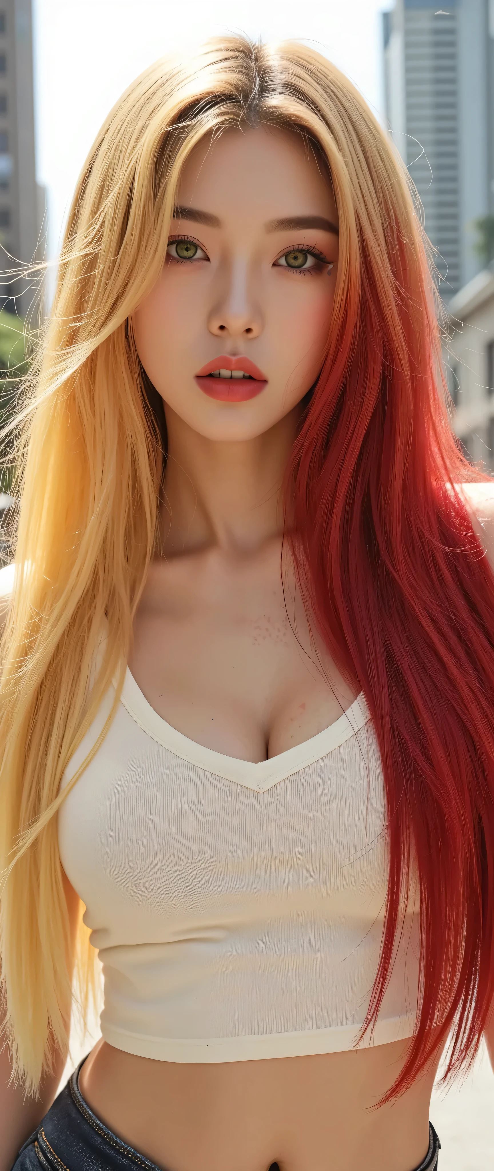 A hyper-realistic portrait of a white skin woman with long, straight yellow and red two-toned hairs and a sexy expression. She has large, bright green color eyes. Her eyeshadows are pink-orange shaded and big eye lashes. She has a shiny red lips with tattoo. She is wearing an ivory color short V-neck T-shirt. She has big breasts. The lighting is soft and natural, with a city background to emphasize her features and the textures of her outfit. Ultra-realistic skin, sexy pose, and natural hair flow.