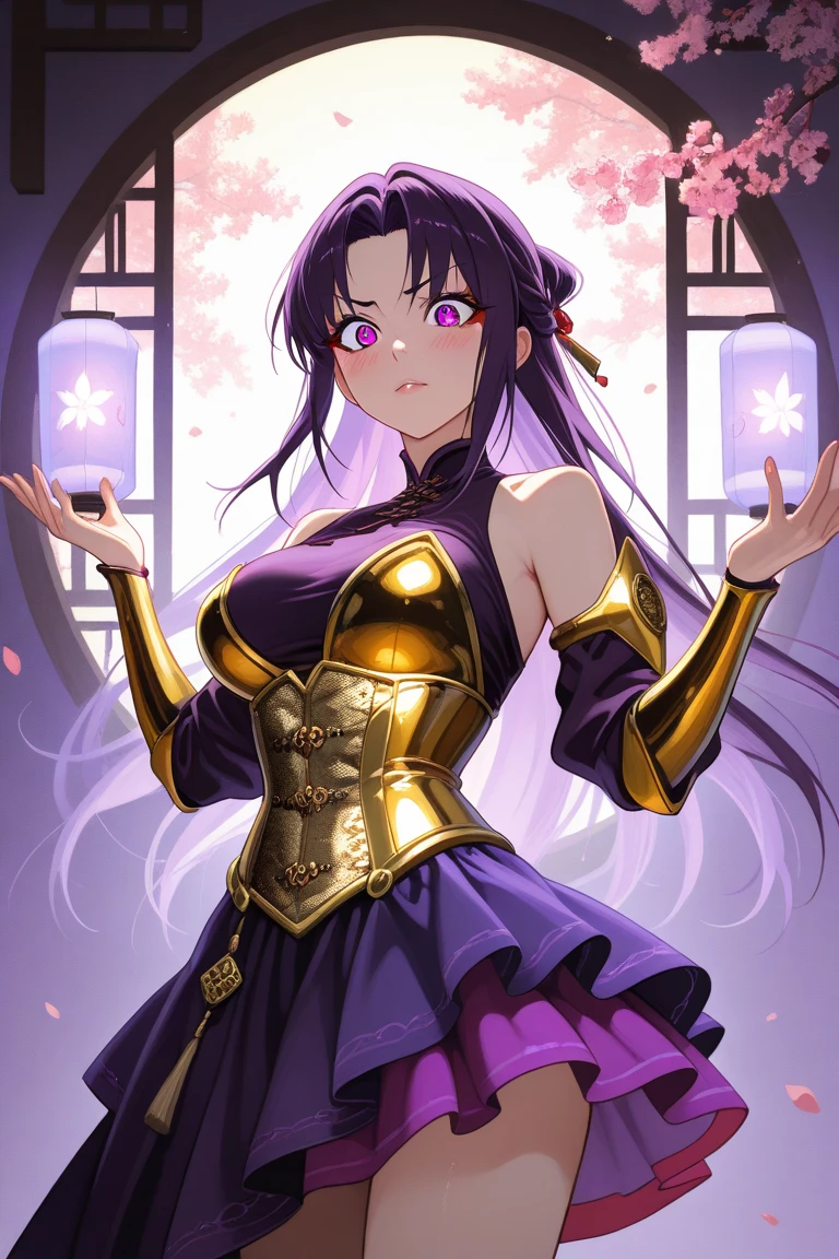 ((Masterpiece, Best Quality, Anime, Illustration)), 1 Girl, 1 Boy, Yunjin Definition, Smile, Purple Pantyhose, Long Dress, Night, Full Moon, Village, (Chinese Architecture: 1.3),