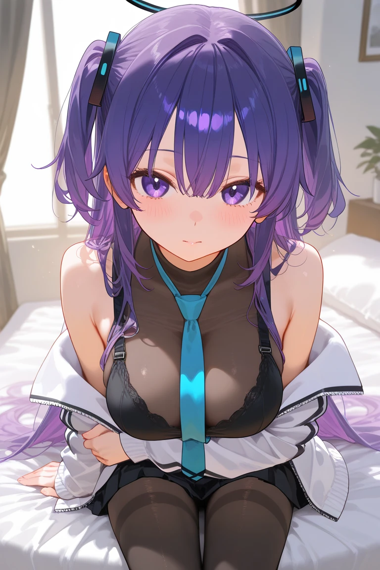 1girl, keking, long twintail purple hair, purple diamond eyes, wearing bikini, lying down on a bed, seductive expression, in a bedroom setting, gazing directly at viewer. (absurdres, high res, ultrasharp, 8K, masterpiece)