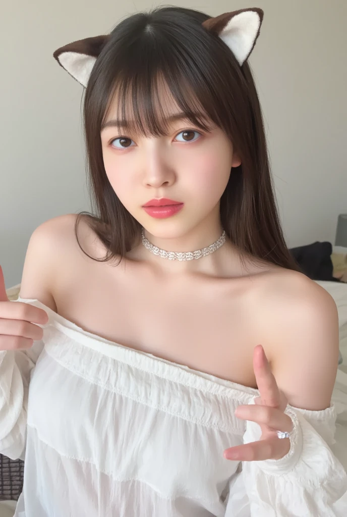 (((17 year old Japanese girl)))、light brown hair、small breasts、thin waist、thick thighs、well-shaped butt、slim body、ponytail、(((tight blouse)))、(((sexy look)))、cleavage、necklace、seductive posture、chest squeeze、down blouse、leaning forward、garden、Tao、wood々、flower、distant city in the background、see the beholder、sultry look、(((selfie)))