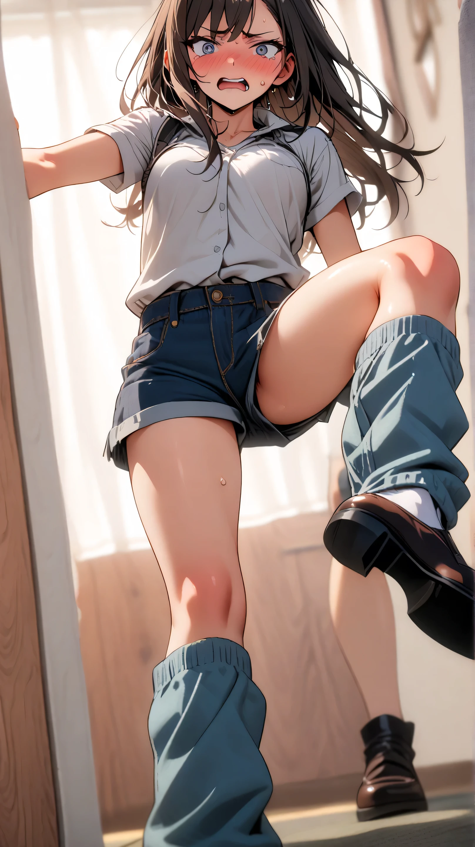 (In the living room)、1girl, (Younger sister kicking)、from the front、Angle from below、(Young face)、(Forehead)、Braid、Long Hair、((seductive grin)), ((high kicking)),
panties, I have money in my hand、Camisole、Jersey shorts、(1boy), (((penis))), (((eject cum))), The boy collapses under his younger sister and ejaculates from his penis、(The boy had a fight with the younger sister and lost to her.)、In the background, my mother is in the kitchen.、younger sister「Weak... Aniki who lost to younger sister and got a hard dick lol... Pervert masochist lol」