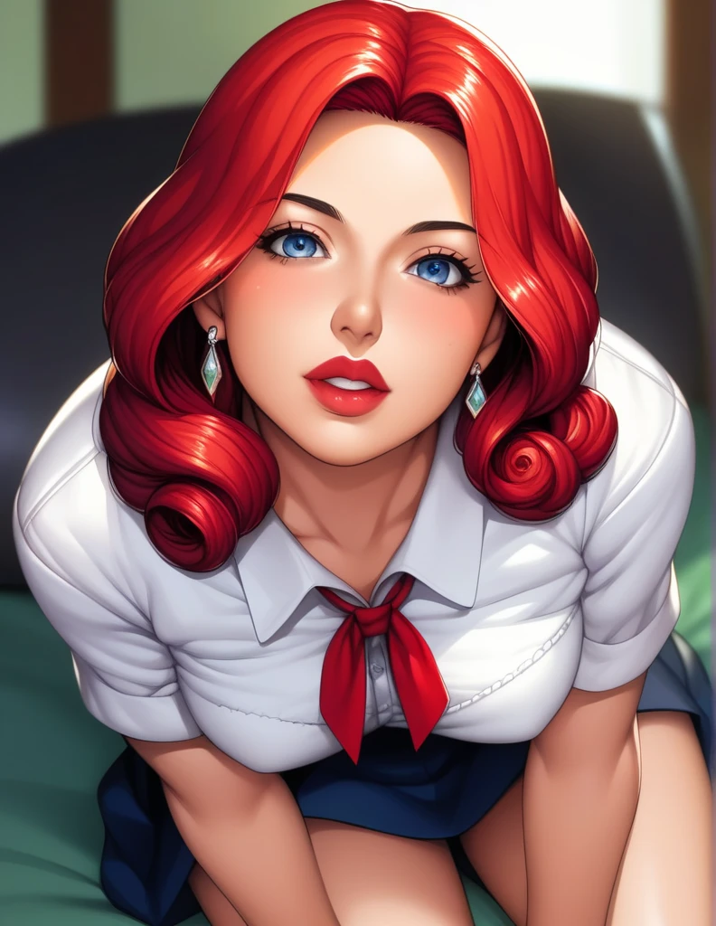 white collared shirt, necktie, blue jacket<lora:Power:0.7>red horns, <lora:Char-ZZZ-Nicole-V2:0.7> nicole demara,green eyes,big breasts,hair ribbon,hairclip,earrings, 1girl in full growth, best quality, masterpiece, ultra-detailed, high quality,good quality