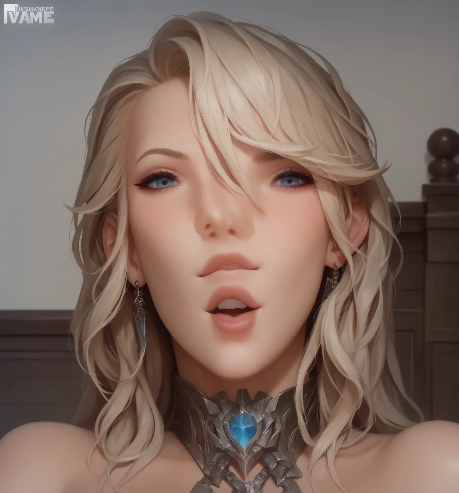 Moaning 20-year-old blonde elf girl with long wavy hair and blue eyes giving orc in office. Orc with erect genitalia. delicate detail. ultra details. side glance