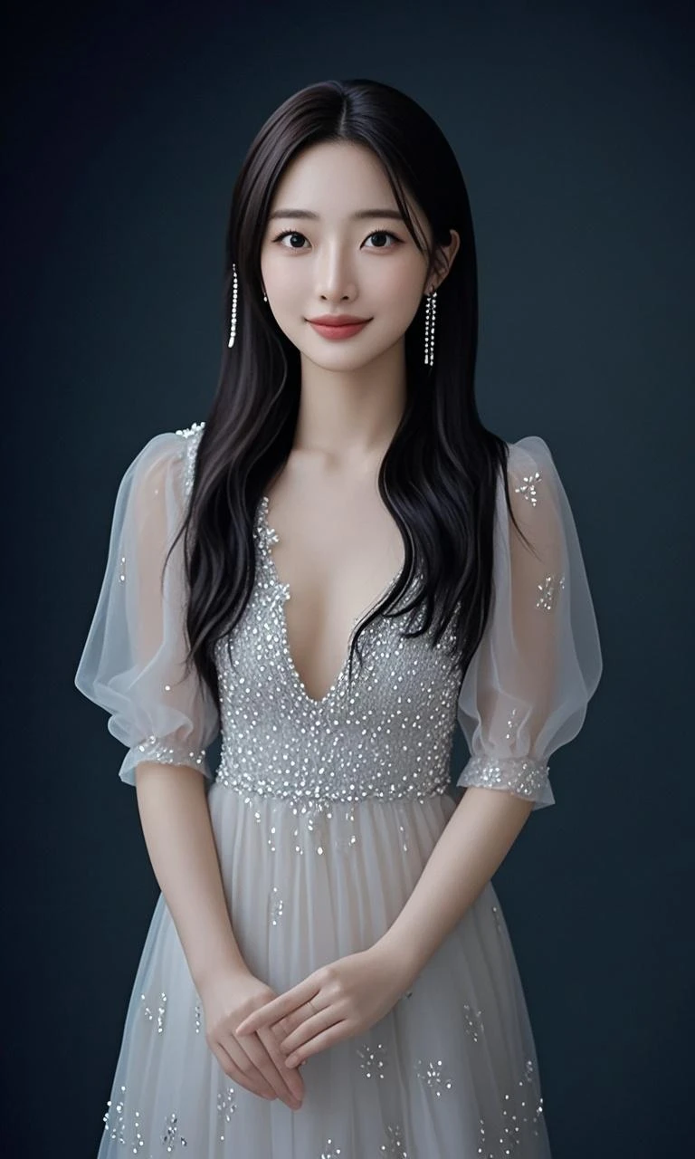 ulzzang -6500-v1.1, (Raw photo:1.2), (Photorealsitic), (See-through:1.3), (Real:1.4), 1Girl in glasses、22year old、game_nffsw, Round glasses(eye detailed), Smile of shame、(elegant long dress:1.3), (Ultra-realistic pantyhose:1.2), (flered skirt:1.2), Turn around at the party venue、