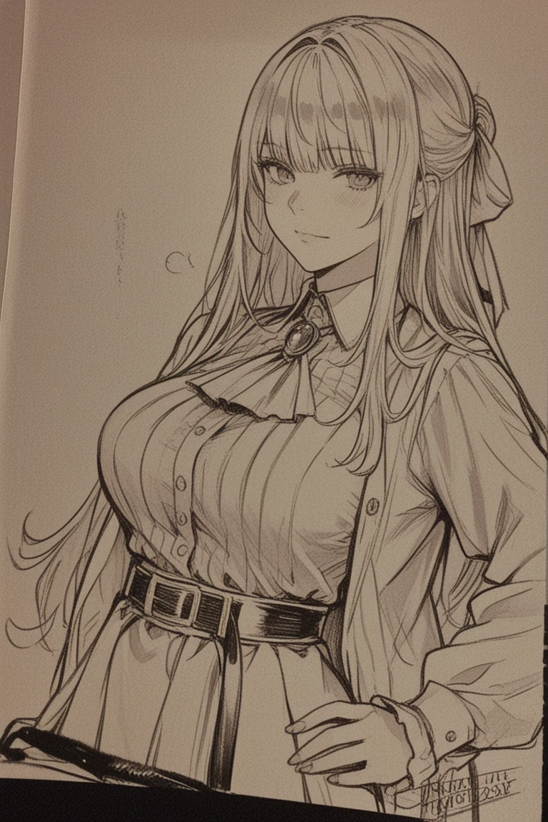 {8k image}, 1woman, 30 years old, mature face and body, big gray hair, medium breasts, wearing a knitted blouse and apron, {face portrait}, {image focused on the face and chest}, {perfect anatomy}, manga lineart, extremely detailed line art, {manga Splash page}, {light reflected to the left}, monochrome