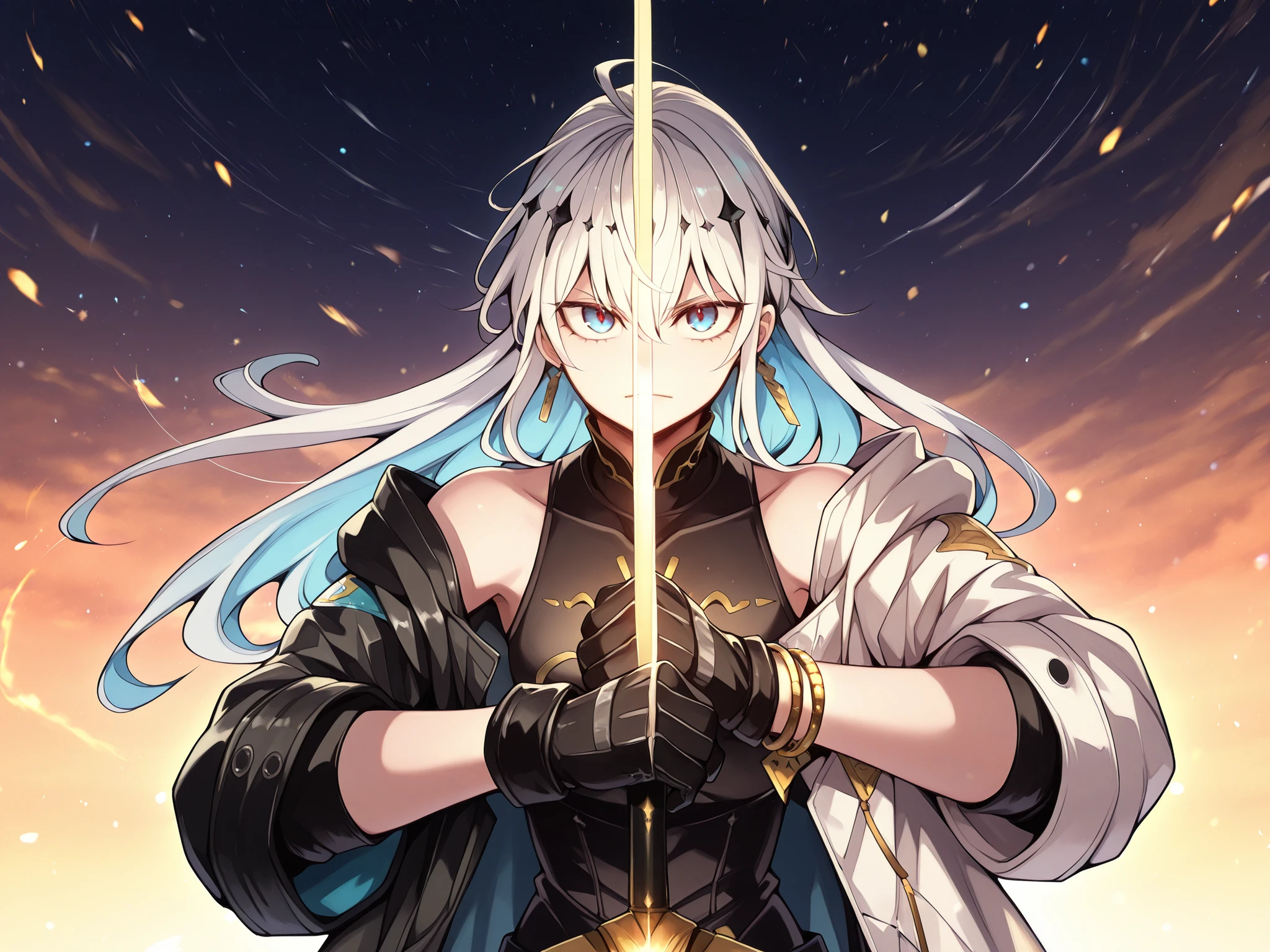 sozinho, 1 menino, e curto, pequeno personagem, personagem curto, Personagem 1.50 metros de altura, e curto, personagem jovem, male character;
Bright white hair with blue strands, the character's hairstyle must match that of Richard I the Lionheart from "Fate/strange Fake", franja longa, cabelo solto;
The character's face must be the same as Richard I the Lionheart from "Fate/strange Fake", dazzling blue eyes, rosto provocativo, sorriso provocante, perfect and beautiful face;
anatomia perfeita, Black Military Tactical Clothing, tight to the body with gold details, Lucifer/Lucio style from Granblue Fantasy (military tactical black), exposed arms, corpo curto, exposed arms and shoulders, Dusk's black coat of the character "arknights", coat falling over her arms, black gloves covering the entire arm with gold bracelets on the wrists, gloves up to the biceps, gold bracelets attached to the wrists;
holding a large and giant sword completely black, large sword larger than the height of the character, black blade;
fundo preto, Postura de ataque (holding a large and giant sword all black, large sword larger than the height of the character, black blade), Black Military Tactical Clothing, tight with gold details, Lucifer/Lucio style from Granblue Fantasy (military tactical black), exposed arms, corpo curto, exposed arms and shoulders, Dusk's white coat of the character "arknights", coat falling over her arms, black gloves covering the entire arm with gold bracelets on the wrists, gloves up to the biceps, gold bracelets attached to the wrists;
Pose chamativa, looking at the observer, sorriso provocante, Confidence , He is a young boy,
character is a male character, tall similar to the character Rimuru Tempest, Rimuru Tempest's body;