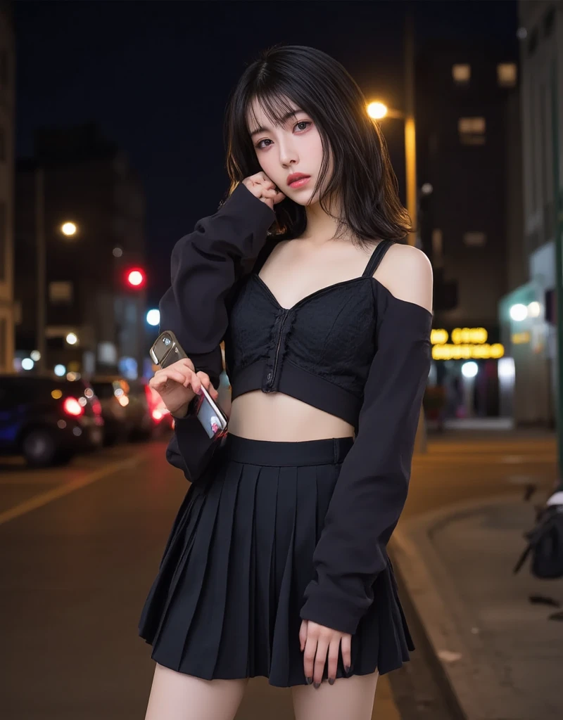 (best quality:1.4), (absurdres:1.4), (looking at viewer:1.2), (cinematic lighting:1.2), (cinematic:1.3), (darkness), 
(very long hair), (medium breasts), (outdoors), (pale skin:1.1), (alive skin:1.2), (shiny skin:1.4), (very long hair), (lady:1.2), 
close up, 
thighhighs, no bangs
sleek,
sitting, 
curious face, 
no sleeves,
necklace, 
(black theme),
(city),
skirt,