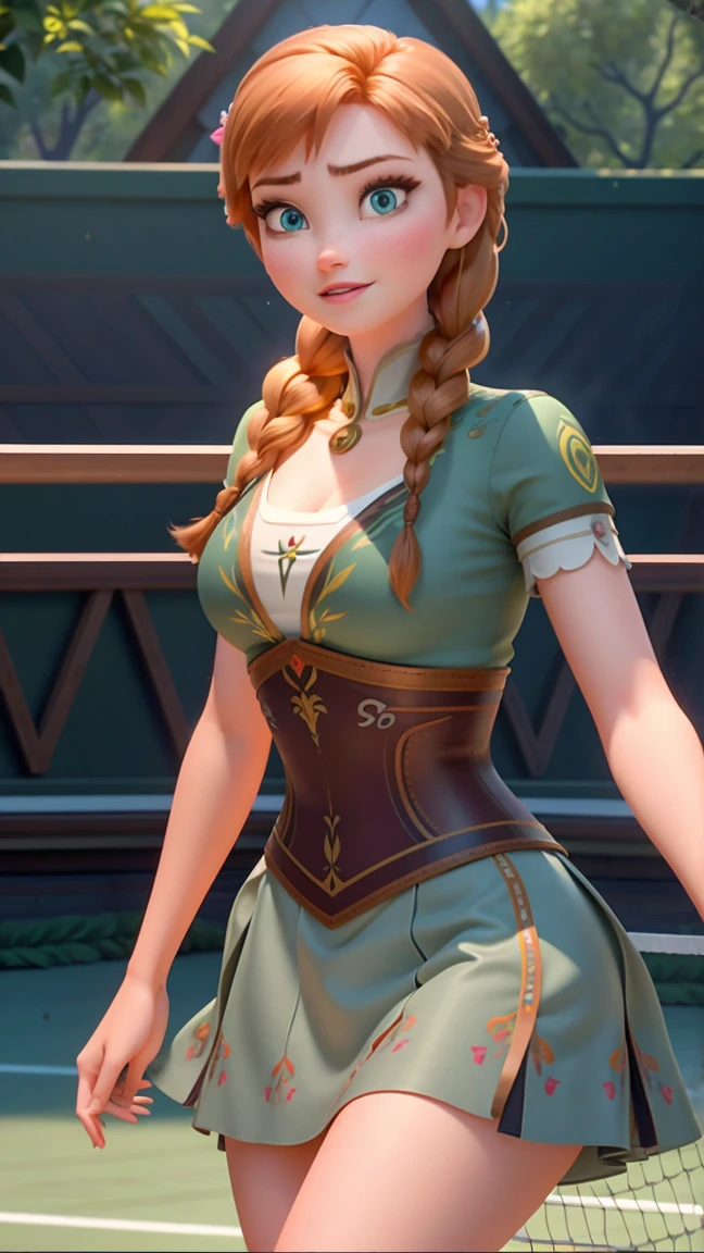 Photo of Anna of Arendelle as a tenis player, tenis court, tenis clothes, tenis outfit, action: playing tenis, Anna from Disney Frozen movie, tall and sexy, superb face, perfect body, provocative, Nice, show breasts, huge breasts, tall, sexy legs, bursting huge breasts, wide hips, busty, sexy, enormous breasts, happy.