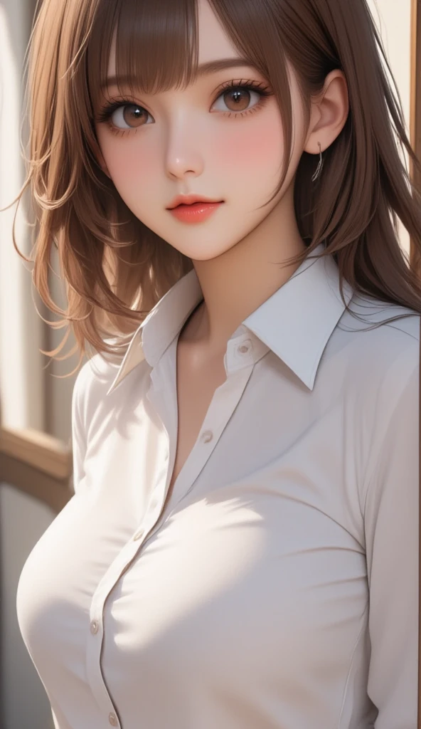 masterpiece, Realistic eyes, Best quality, Bamboo, Mouth closed, Beautiful lighting, Cinematic, 8K, 1girl, Face, Wet face, Liner, Wooden walls, Big breasts and white shirt, Shorts, Wide hips, With condom, Condom on face, Furnace mouse, Pink eyes