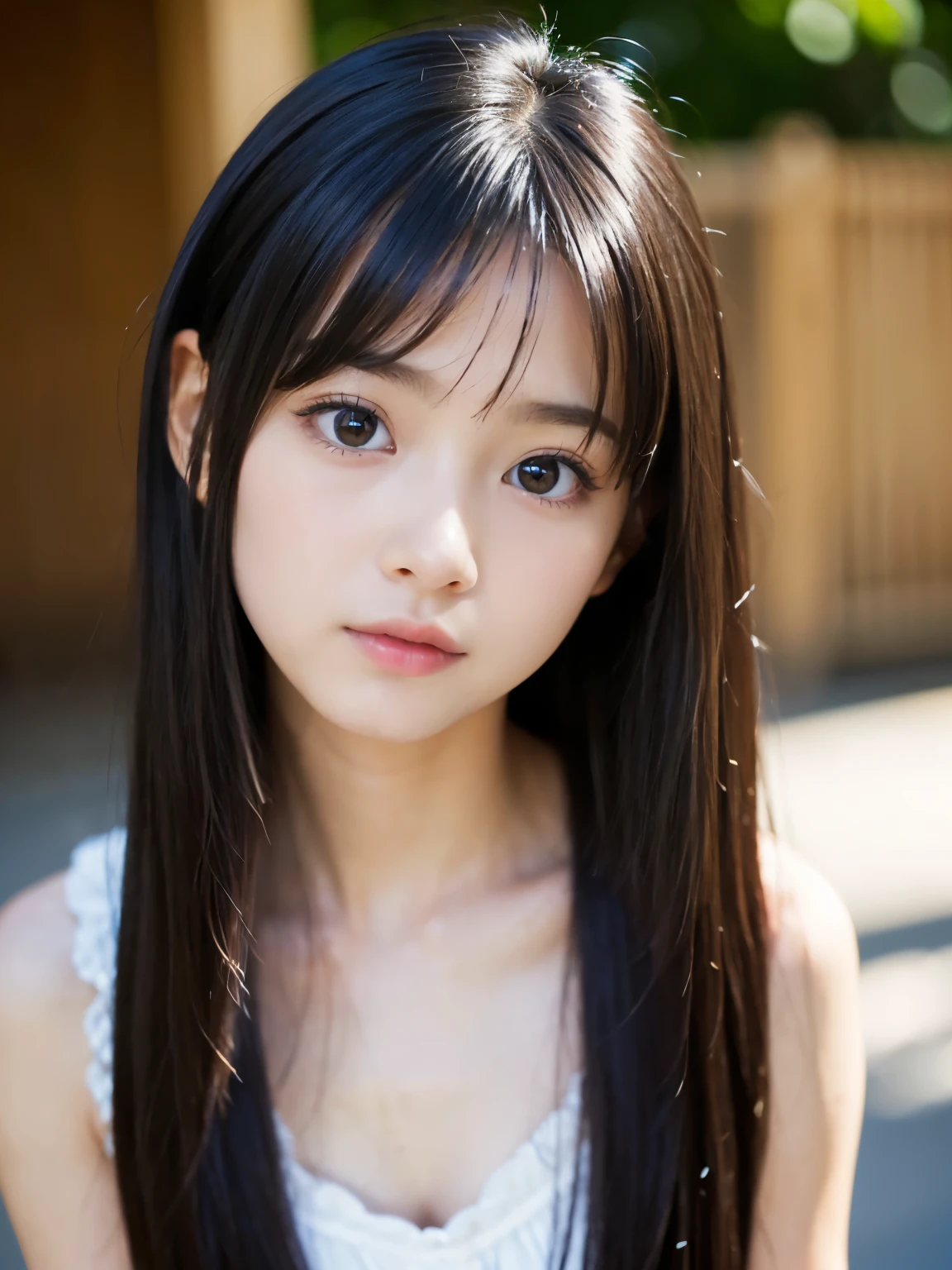 (Best-quality, Masterpiece, Ultra-High-Resolution, (Photorealistic:1.4), Raw Photo, depth of field, professional lighting, perfect anatomy, extremely details), 1girl, 15-years-old, the most famous Japanese idol, wearing summer-clothes, at summer-beach, beautiful sunlight, clear sky, ((erotic-mood, ecstatic):1.3), (extremely cute face like the most popular 15-years-old Japanese-idol, ((extremely cute and extremely big black-eyes)), extremely beautiful black-long-hair, (extremely beautiful skins), extremely cute long-eyelashes, extremely cute lips)