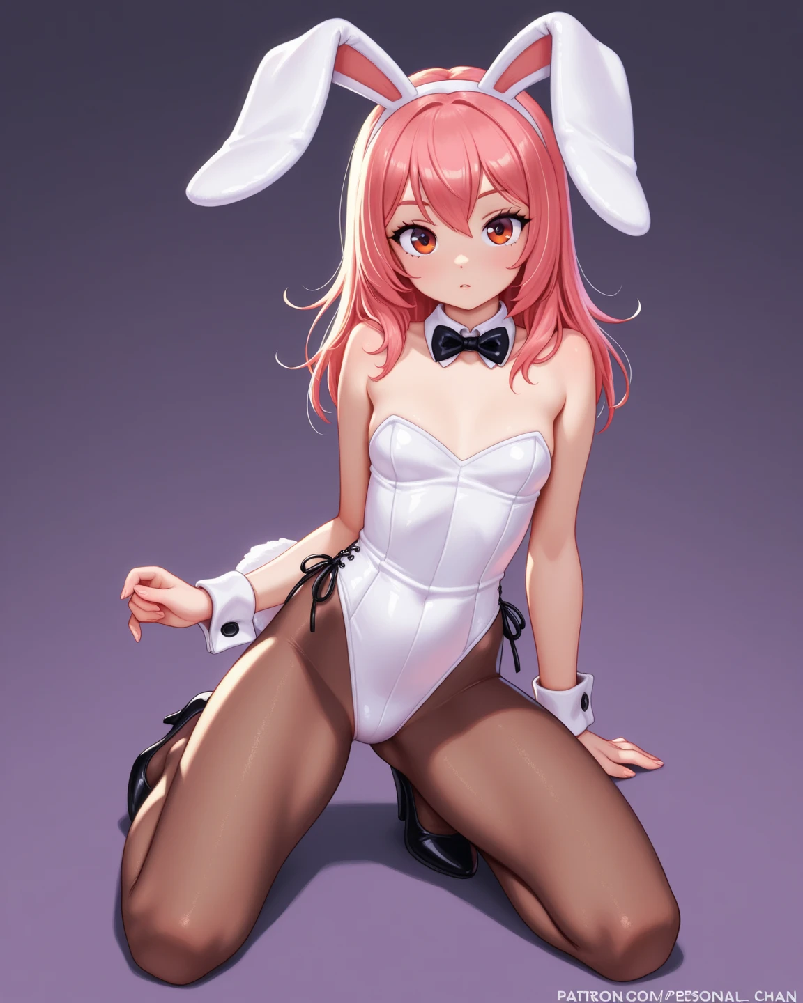 masterpiece, highest quality,beautiful eyes, beautiful hair, beautiful face, beautiful skin, solo, 1 girl, highleg, erect nipples, high heels, anime girl, full body, shiny skin, curvy, beautiful breasts, micro bikini, bare legs, チョーカー, arms behind head, see-through, fake rabbit ears