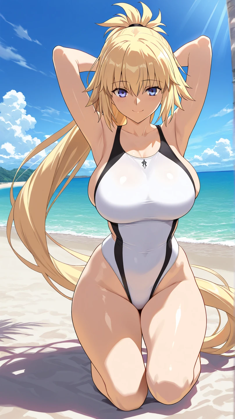 (masterpiece, best quality, very aesthetic, absurdres, :1.2), (1girl, blonde hair, splead regs:1.3), kawaii, blushing, crying with defloration, (sad despair smile:1.0), lost_virgin blood from pussy, (defloration blood:1.3), A beautiful woman in a white monokini stands in the sunlight on a beautiful beach with blue water and white sand. Her monokini has a simple and elegant design, beautifully highlighting her ample H-cup breasts and narrow waist. There is a circular cutout at the chest, and the silver ring links shine elegantly. The bottom part is high-cut, further highlighting her white skin and attractive thighs, and highlighting her beautiful legs. Her face is very beautiful, her blonde hair shines in the sunlight, and her blue eyes blend in with the blue sky. Her expression is calm and confident, and her smile softens the atmosphere around her. Her skin is very white, soft and smooth, and shines in the bright sunlight. The beach is decorated with parasols and deck chairs, creating a relaxing atmosphere. She stands on the sand, posing with her legs slightly spread, enjoying the beauty of nature. The gentle sound of the waves lapping on the shore can be heard, and in the background, lush palm trees sway and the emerald green sea spreads out. The scene is a perfect blend of her alluring figure and natural beauty, giving her a sensual yet elegant look. Her posture, facial expression and the monokini she is wearing all combine to mesmerize the viewer.
