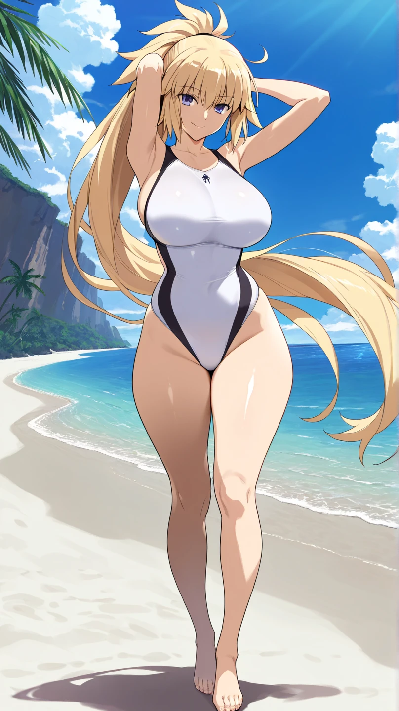 masterpiece,best quality,1girl,mature female,lusamine,blonde hair,yellow eyes, half-closed eyes,very long hair,(hair over one eye:1.3), a come-hither face, smile, parted lips, blonde swimsuit(highleg), , , ,glowing eyes,in the beach, day, standing, Sexy waist teasing, back, behind, Shows ass