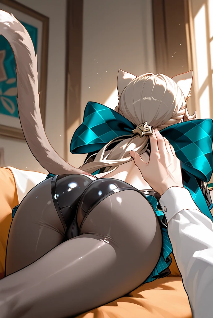 antro (brown owl), winged arms, female, large breasts, beak, round glasses, flowery short dress, large lacy panties, wide hips, fat body, huge thighs, huge ass, rear view, lying on a sofa, library background, realistic lighting, top, bottom, embarrassed smile