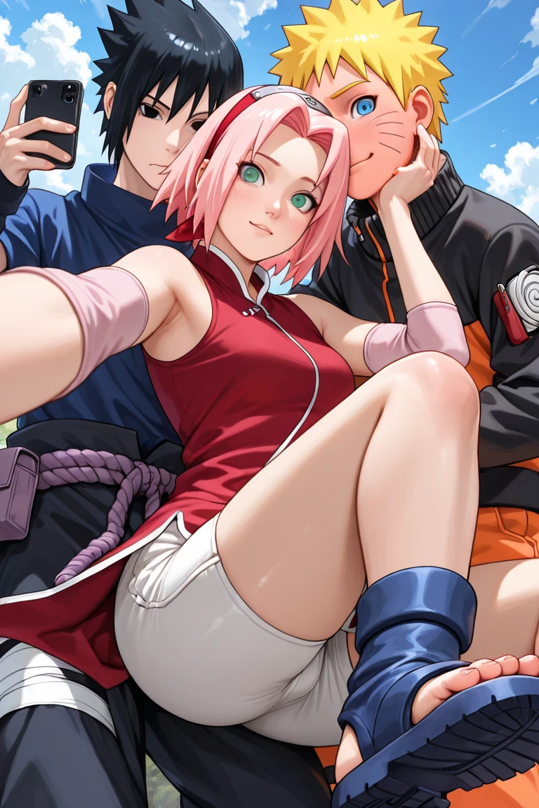 amazing quality,very aesthetic,absurdres,best quality,newest,masterpiece,4k resolution, absurdres, highres, detailed background,
<lora:smartphone_screen:1> smartphone screen, phone,  <lora:Haruno_Sakura_il2:0.7> 1girl, haruno sakura, pink hair, green eyes,medium breasts, red shirts, black shorts, pink skirt, dutch angle, squatting, from above, ?,  covered nipples,