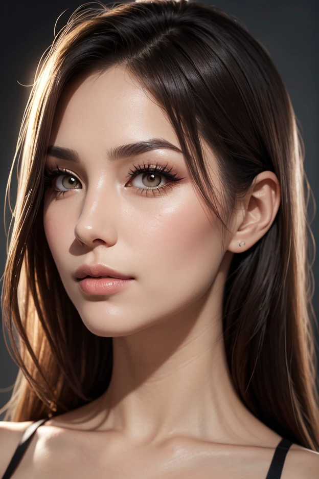 Create a realistic portrait of a woman with captivating eyes and delicate features
