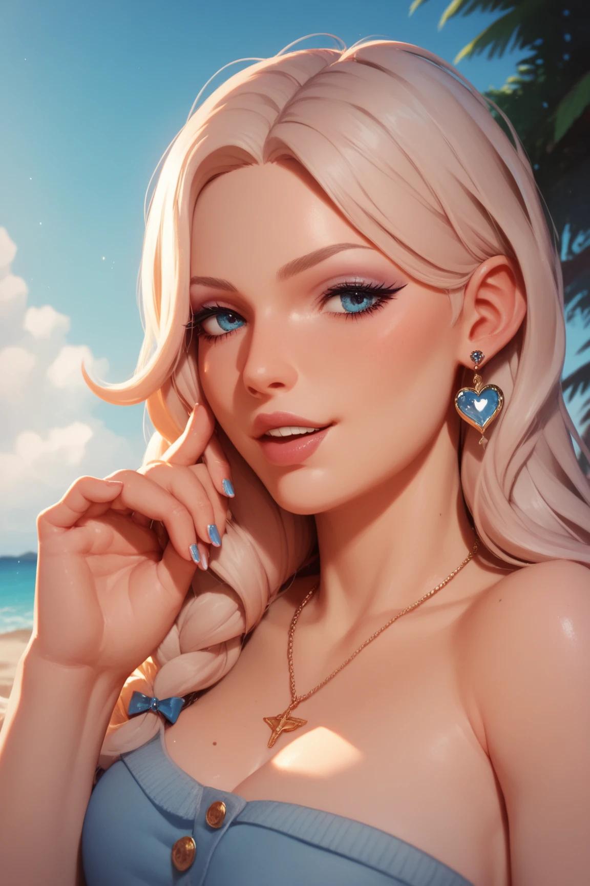 ((masterpiece), best quality, high quality, professional quality, highly detailed, highres, perfect lighting, natural lighting), Spurting out under pressure, halter bikini, Diva, Average Height, Lean, Diamond-Shaped Face, Fair Skin, Blonde Hair, jade Eyes, Narrow Nose, Full Lips, Round Chin, Shoulder-Length Hair, Wavy Hair, Messy Top Knot, large breasts, Drop earrings, cherry satin lipstick, Coated with a glossy sheen, Sunset over the water, perfecteyes eyes, <lora:lora_perfecteyes_v1_from_v1_160:1>