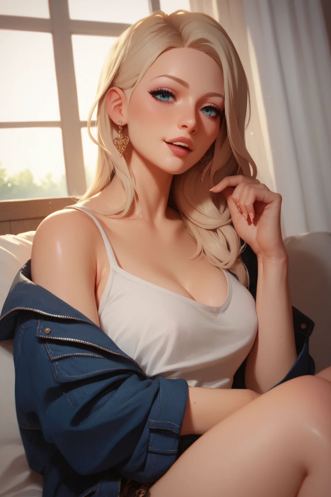 (hyperrealistic), (illustration), (high resolution), (16K), (extremely detailed), (best illustration), (beautiful detailed eyes), (best quality), (super detailed), (masterpiece), (wallpaper), (detailed face), solo, (dynamic pose), 1 girl, white hair on the chair, korean, heterochromic eyes, small moles under the eyes, ((short apron)), big breasts, long legs, tightens abs, (camel toes), (no panties)