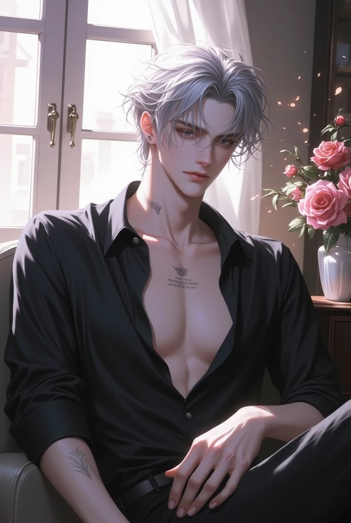 Hombre anime con pelo blanco y tatuajes sentado en una cama., Chico guapo en el arte de Demon Slayer, delicate androgynous prince, Fanart de alta calidad, XQC, Tiene pelos grises oscuros, Fanart exquisito altamente detallado, Hermosa pose de anime, Anime hombre guapo, Sakimichan Frank Franzzeta, beautiful androgynous prince, por Yang J, Sakimichan