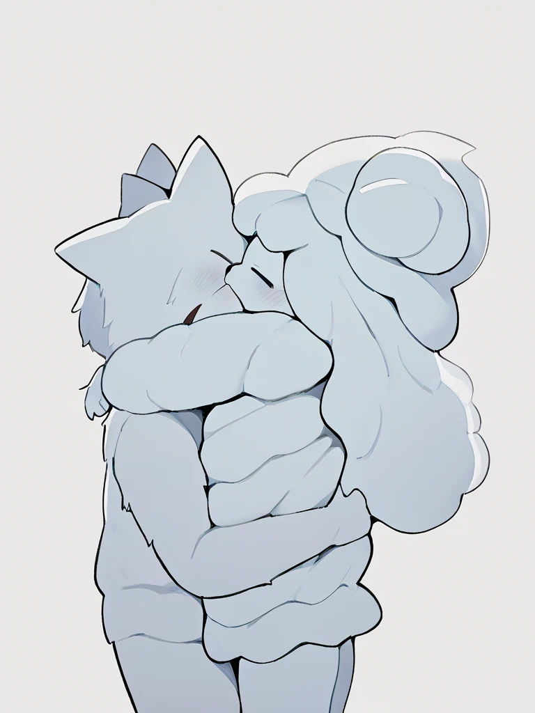 cartoon of a woman with a big breast hugging a man, cel shaded!!!, cel - shaded art style, cel shaded:15, furr covering her chest, (sfw) safe for work, silver hair (ponytail), clean cel shaded, black-white skintight robes!, inspired by Josetsu, wearing! robes!! of silver, holo is a wolf girl