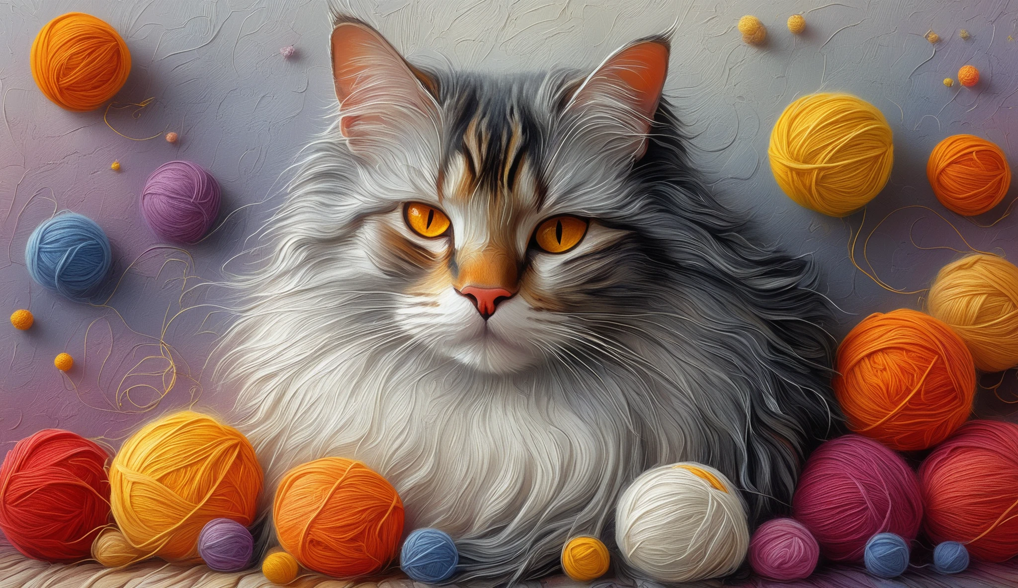 A serene and contented cat is lying on an array of vibrantly colored balls of wool, composing a visually striking scene. O gato, with your eyes closed in a peaceful sleep, has a coat soft white accented with specks of shades of gray and brown, notably around your face, is partially covered by the balls that fill the entire screen. The texture of the image presents a pictorial quality, combining realism with an artistic touch. Surrounding the feline are multi-hued balls of wool, including sunny yellow, laranja escuro, vermelho vivo, e roxo suave, delicate creating a rich tapestry of colors The cat's tranquil shape. O gato's whiskers and fur are depicted with delicate, pinceladas ousadas, highlighting the dreamlike environment. This composition encapsulates a, , and tranquil atmosphere, that probably evokes comfort and satisfaction. The overall effect is a charming and whimsical portrait of an ordinary domestic scene, elevating it to an artistic expression.