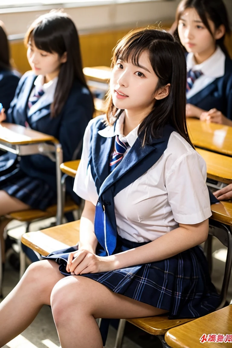 Boys high school classroom、The students are sitting and looking forward while taking a class. The teacher is 20 years old and has a cute face like an idol. one piece Cleavage Whole body Full body RAW photo Genuine Genuine Real Stick High resolution Genuine life No copyright notice