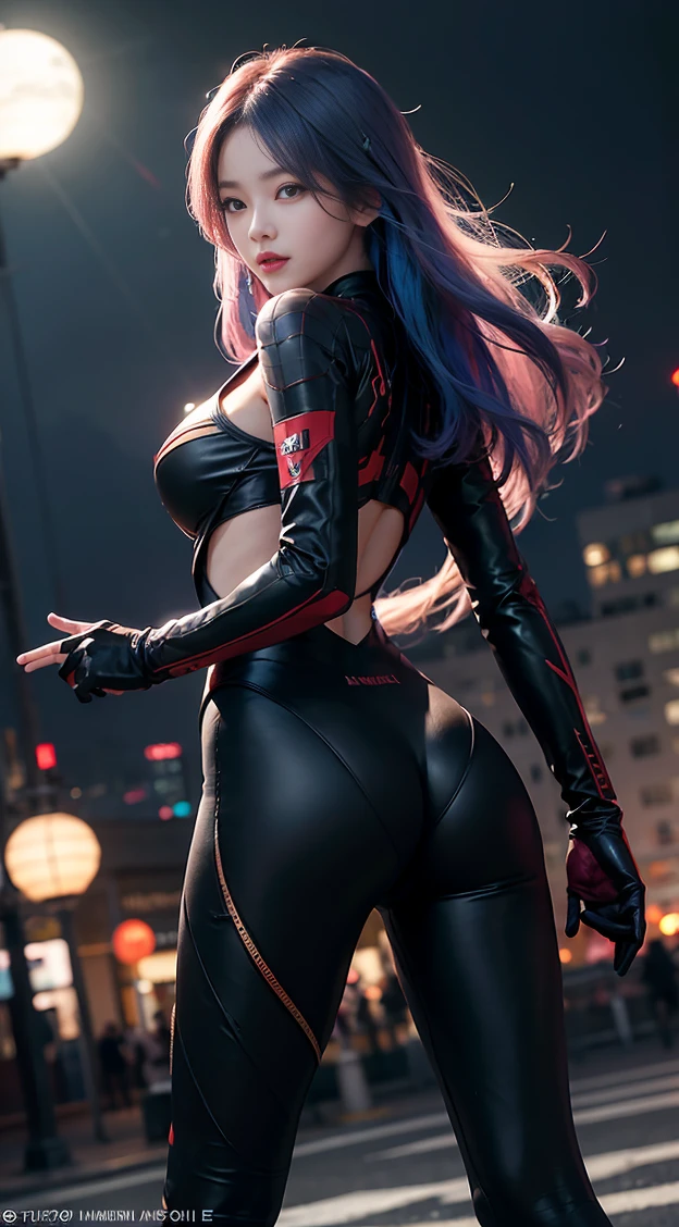 Uma belissima garota japonesa ciborgue, cyberpunk corpo lindo, peitos medios, belo quadril, partes mecanicas, cabelo medio, intincado detalhado, luzes neon, side view of the back looking at the viewer, on a luxurious terrace, vista de fundo predios futuristas da cidade, extremamente detalhado, 8k, ultra realista