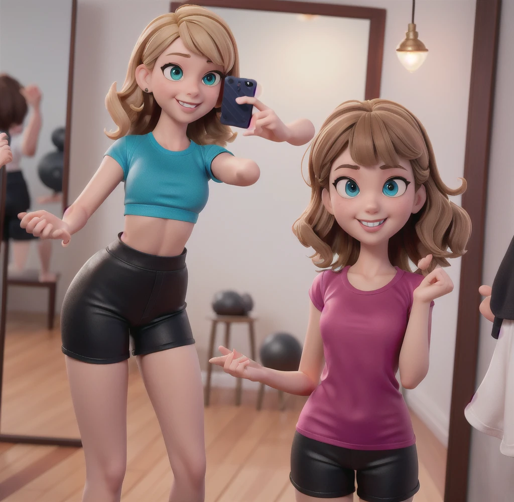 4 girl with short short hair and blue eyes, young looking, bra, tight panties, gym locker room. 3d cartoon with accurate proportions, taking selfie kissing each other, group hug