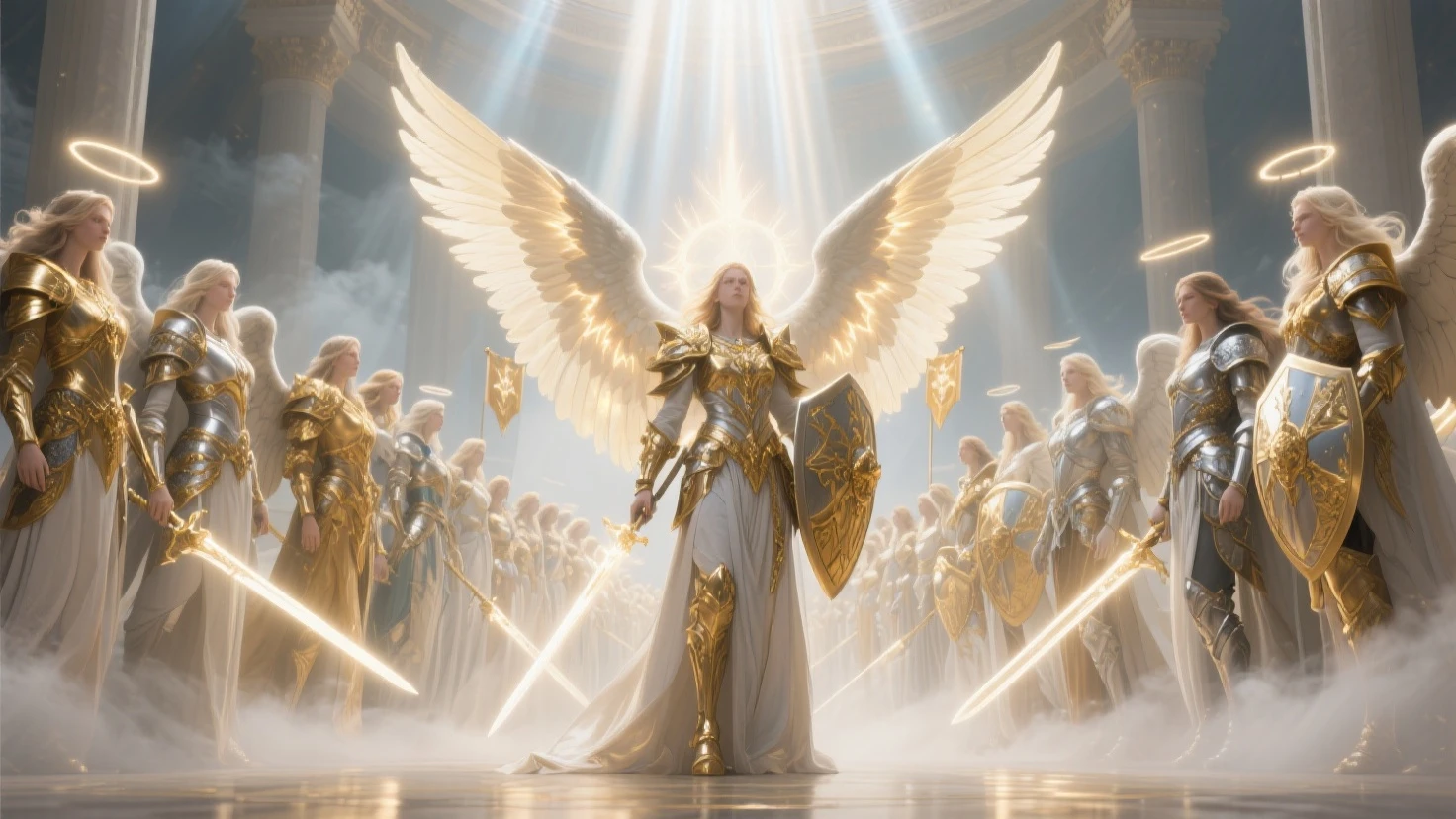 a model shot (taken from the back: 1.5), 16K, ultra detailed, masterpiece, best quality, (extremely detailed), arafed, dnd art, portrait, full body, aasimar, female, (Masterpiece 1.3, intense details), female, paladin, holy warrior, spread large feathered wings, (wings sprouting from the back: 1.3), majestic wings, white angelic wings spread (Masterpiece, intense details: 1.5), moon light, moon, stars, clouds, holy symbol, armed with sword, short blond hair, dark fantasy cemetery background, anatomically correct (Masterpiece 1.3, intense details), angel_wings, determined face, god rays, cinematic lighting, glowing light, silhouette, from outside, photorealism, panoramic view (Masterpiece 1.3, intense details) , Wide-Angle, Ultra-Wide Angle, 16k, highres, best quality, high details
