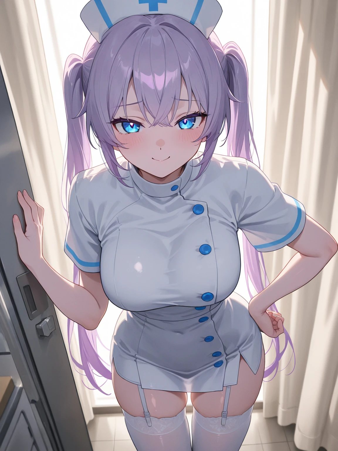 NSFW,Hololive,Amane Kanata,Small breasts,Long Hair,Twin tails,Nurse uniform,Nurse cap,mini skirt,(Perfect hands),(Perfect Anatomy),(masterpiece),(highest quality),hospital,Hospital room,Embarrassed,blush,(excited:1.5)