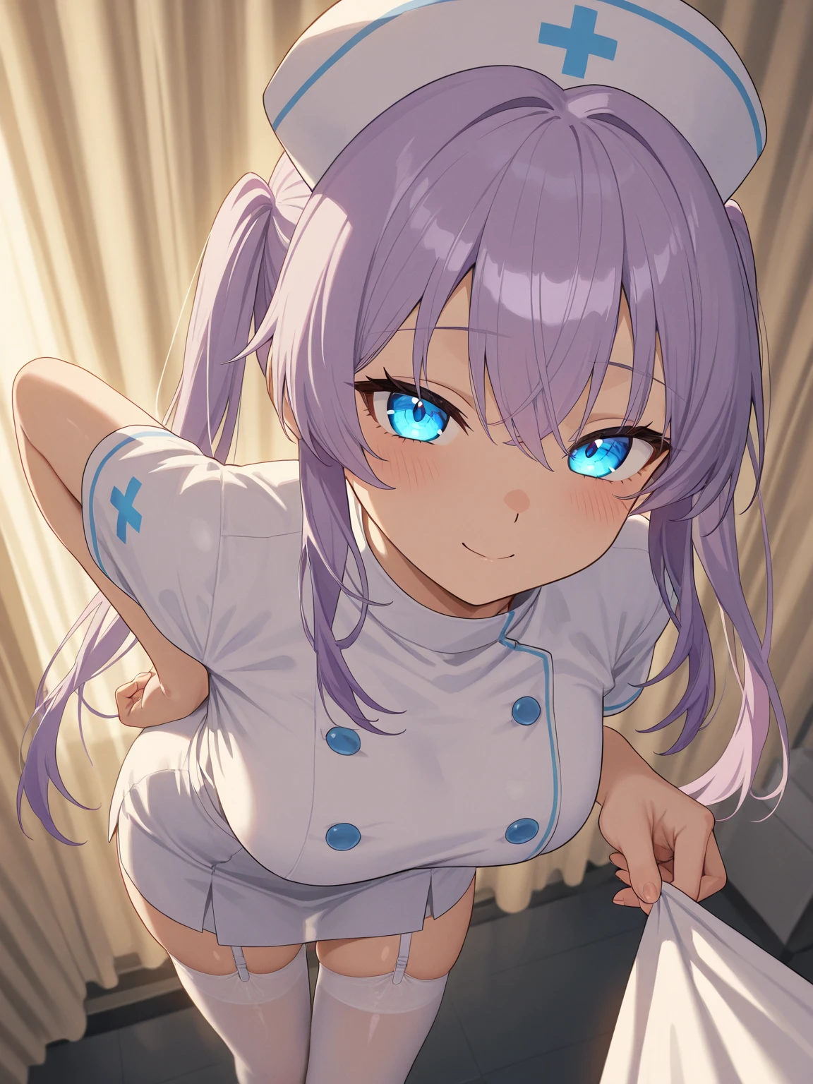 (best quality:1.2), (ultra detailed:1.2),(masterpiece:1.2),(8k:1.2),(Blessed,Captivating body、Ultra detailed hands、Ultra-detailed eyes、Ultra-detailed skin、ultra-detailed face,Detailed Background),One Girl、(bedroom,nurse, nurse cap, breast pocket, collared dress, short dress, short sleeves, thighs, white dress, white headwear),(ecstasy, aroused:1.5), aaokayu, short hair, ahoge, animal ears, cat tail