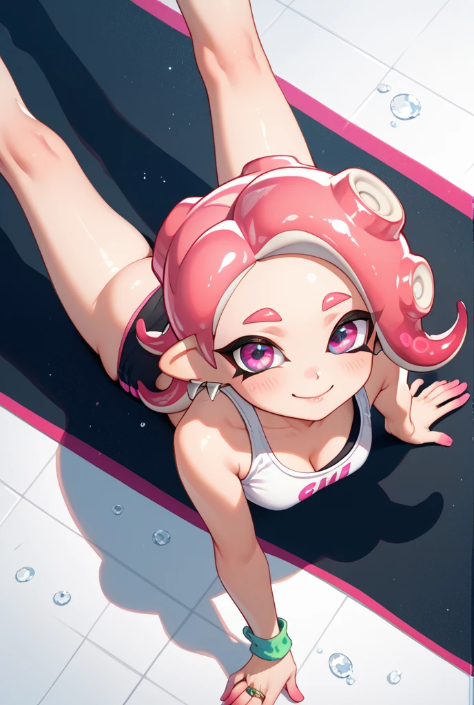 Pink swimsuit, pink pool float, large breats,