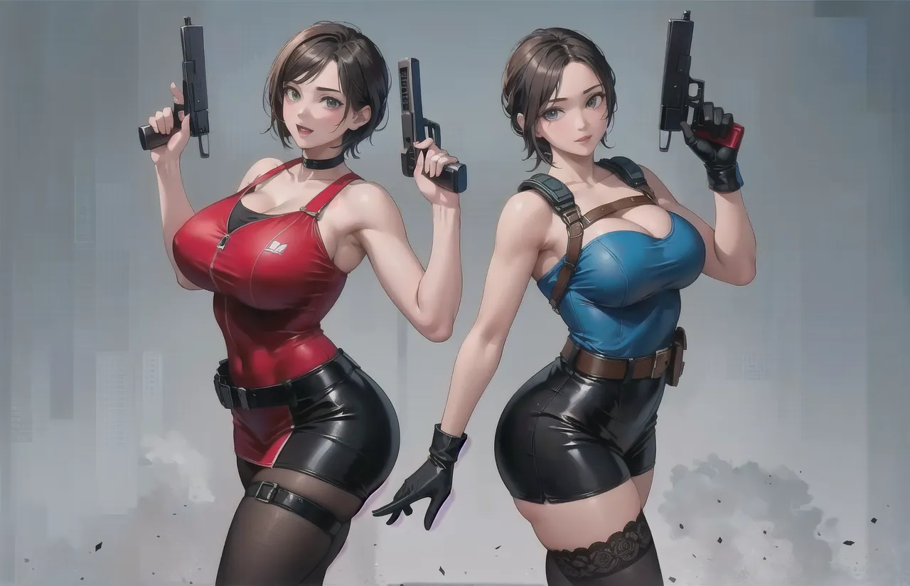 Big breasts woman with good figure, less dressed and holding a gun